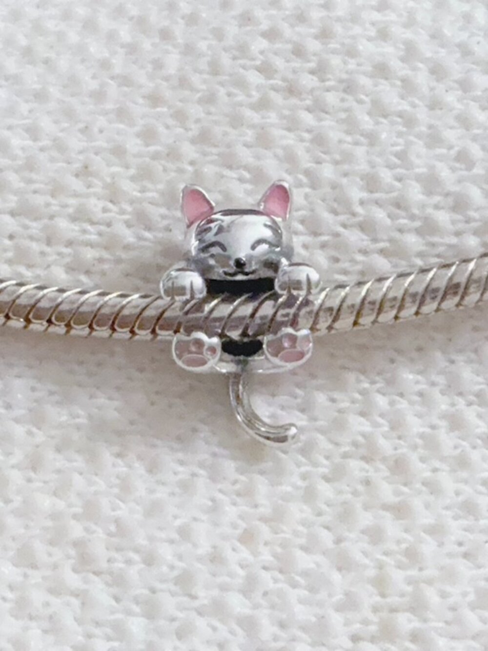 Kitten Charm, Cat Pink Paws Happy Cat Animal Silver Charm For Pandora Bracelet